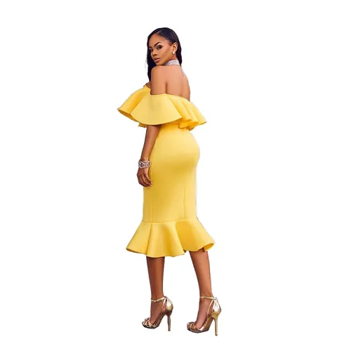 Women Sexy Off-the-Shoulder Ruffle Midi Dress Slim Fit Mermaid Hem Evening Party Bodycon Dress