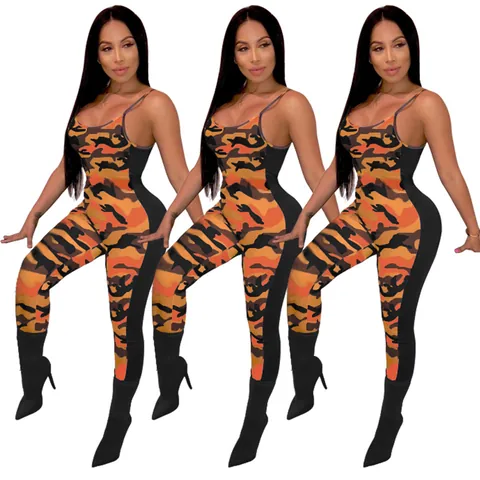 Women Sexy Camouflage Print Jumpsuit Backless Slim Fit Sleeveless Cotton Polyester Patchwork Casual Top And Bottom Bodysuit