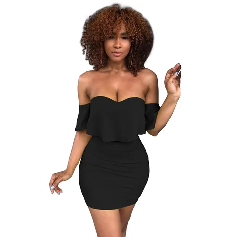 Women Off Shoulder Ruffle Bodycon Dress Elegant Solid Color Patchwork Midi Dress Summer Slim Fit Hip Wrap Party Dress Polyester