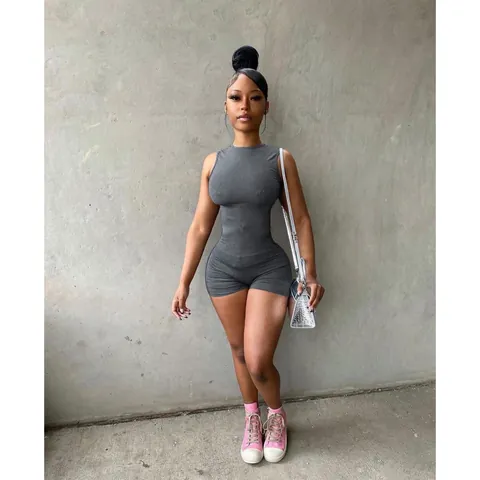 Women's Sexy Slim Fit Sleeveless Romper Dark Grey Solid Color Round Neck Bodycon Jumpsuit Playsuit Summer Fashion Casual Wear Polyester Spandex Soft Stretchy Fabric Outfit