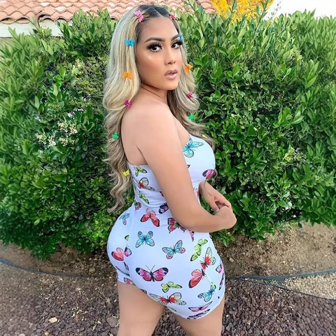Women Strapless Romper Sexy Butterfly Print Slim Fit Jumpsuit Summer Fashion One Piece Top And Bottom Bodycon Beachwear