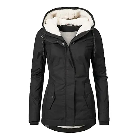 Women Hooded Sherpa Lined Parka Jacket Mid-Length Thickened Cotton Padded Winter Coat Warm Windproof Outerwear Casual Top