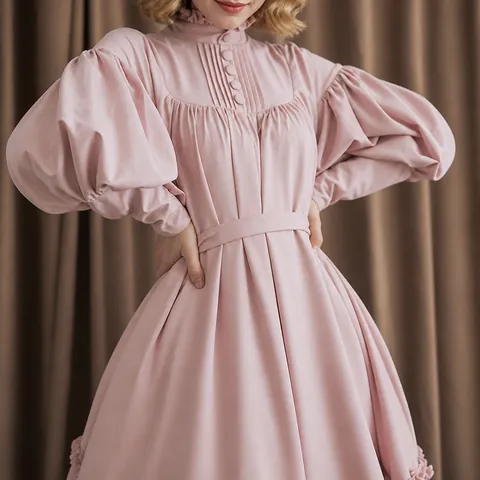 Women Japanese Lolita Maid Dress Cotton Long Sleeve Lantern Sleeve Ruffle Lace Button Decor Retro Loose Cosplay Dress