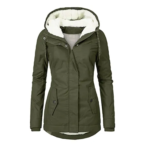 Women Hooded Sherpa Lined Parka Jacket Mid-Length Thickened Cotton Padded Winter Coat Warm Windproof Outerwear Casual Top