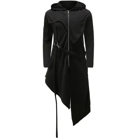 Heren Gothic Punk Zwaluwstaart Jas Acetaatvezel Met Capuchon Asymmetrische Zoom Dark Wear Rits Top Half Lange Jas