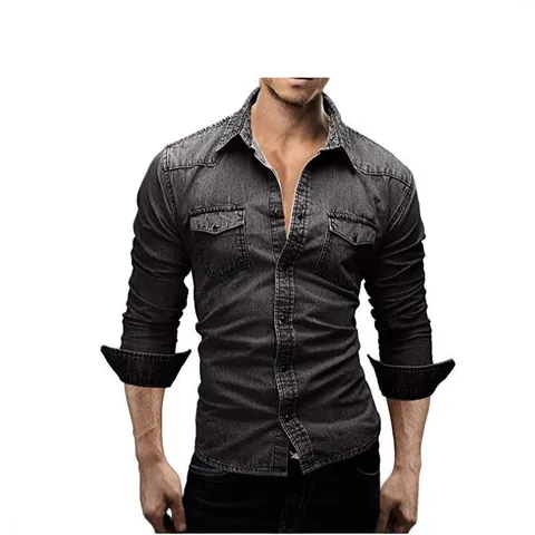 Men's Casual Slim Fit Long Sleeve Denim Shirt Jacket Cotton Viscose Blend Washed Brushed Top With Double Pockets