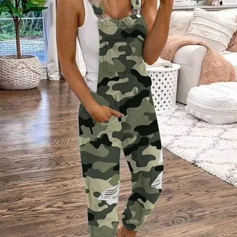 Mono de Peto de Mezclilla para Mujer Roto Ajustado Camuflaje Color Sólido Casual Streetwear Peto para Mujer