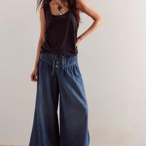 Vaqueros Informales de Mujer con Cintura Media Fruncida Pierna Ancha Cordón Ajuste Relajado Pantalones de Mezclilla Lisos