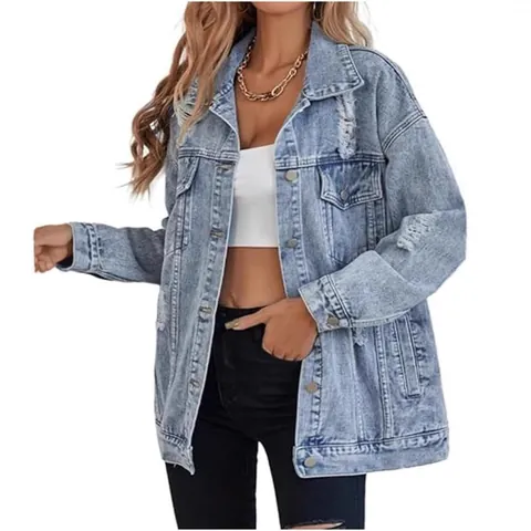 Women's Oversized Distressed Denim Jacket Boyfriend Style Washed Ripped Jeans Jacket Top Outerwear For Streetwear Casual Wear