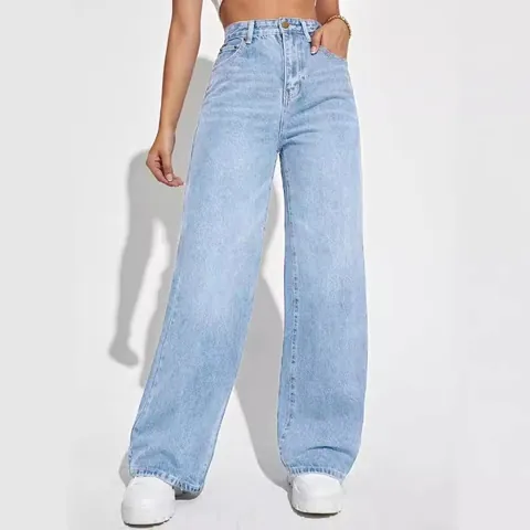 Women High Waist Straight Leg Jeans Washed Denim Cotton Trousers Casual Slimming Wide Leg Long Pants For Commuting Women