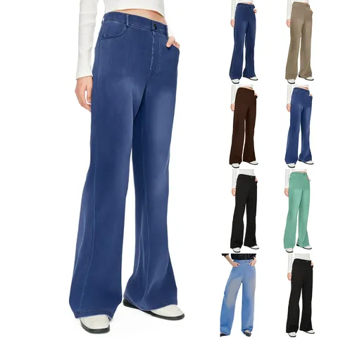 Women High Waisted Straight Leg Jeans Casual Stretch Denim Pants Solid Color Trendy Button Trousers Fashion Daily Wear