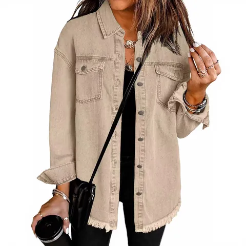 Women Frayed Hem Washed Denim Shirt Jacket Long Sleeve Distressed Button Down Streetwear Cotton Blend Outerwear Top Coat