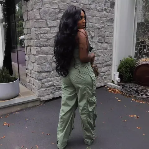 Women Sexy Strapless Button Front Jumpsuit Polyester Multi Pocket Cargo Overall High Waist Commuter Style Wide Leg Romper