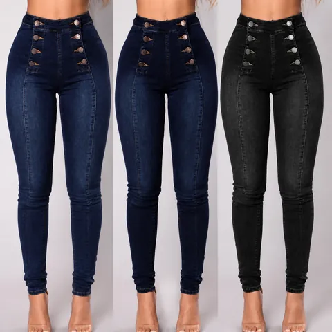 Damen High Waist Skinny Jeans Zweireihig Knopf Schmale Passform Stretch Denim Bleistifthose Einfarbig Lässige Hose