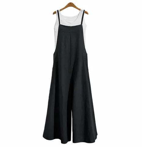 Women Casual Cotton Blend Loose Overalls Sleeveless Wide Leg Jumpsuit Summer Strappy Top And Bottom