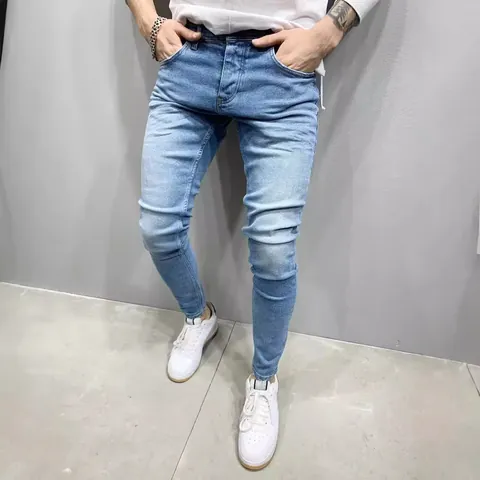 Heren Hoge Kwaliteit Skinny Denim Jeans Stretch Slim Fit Bottom Gewassen Britse Stijl Casual Effen Kleur Multi Pocket Jeans
