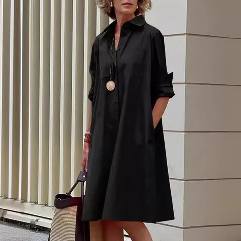 Women Casual Cotton Linen Shirt Dress Loose Long Sleeve Solid Color Button Down Midi Dress For Daily Commute