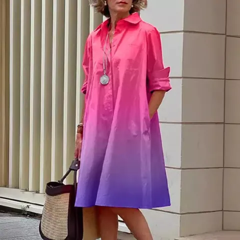 Women Casual Cotton Linen Shirt Dress Loose Button Down Long Sleeve Midi Dress With Pockets Gradient Solid Color Commuter Clothing
