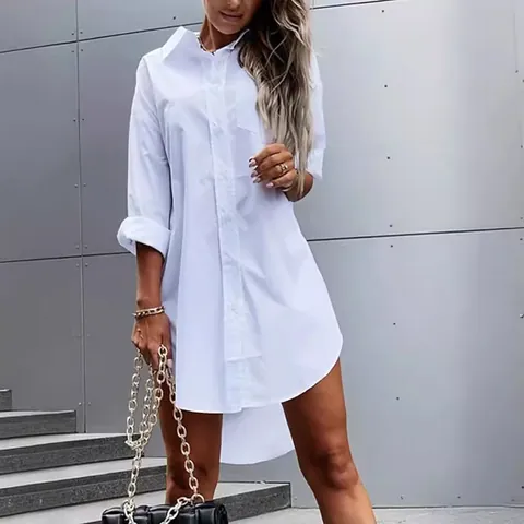 Women Casual Cotton Blouse Shirt Oversized Long Sleeve Button Down Lapel Mid-Length Solid Color Woven Loose Top