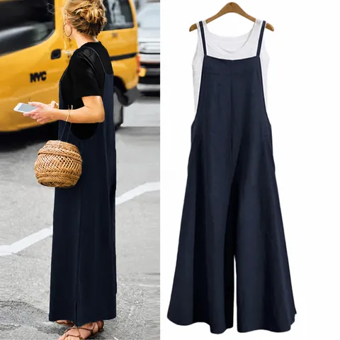 Women Casual Cotton Blend Loose Overalls Sleeveless Wide Leg Jumpsuit Summer Strappy Top And Bottom