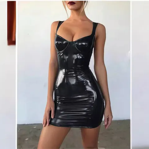 Damen Sexy Nachtclub Glänzend PU Leder Optik Figurbetontes Minikleid Baumwollmischung Top And Bottom Spaghettiträger Partykleid