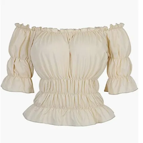 Women Renaissance Medieval Off Shoulder Top Vintage Shirred Smocked Waist Puff Sleeve Blouse Retro Cotton Top