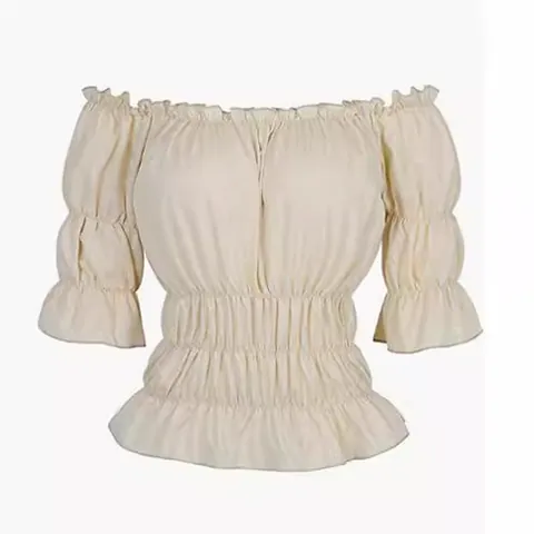 Women Renaissance Medieval Off Shoulder Top Vintage Shirred Smocked Waist Puff Sleeve Blouse Retro Cotton Top
