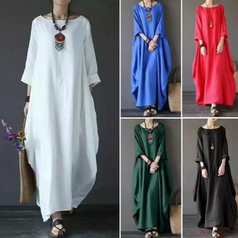 Women Casual Cotton Linen Maxi Dress Elegant Round Neck Long Sleeve Solid Color Loose Bohemian Long Dress For Daily Vacation