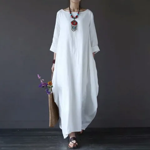 Women Casual Cotton Linen Maxi Dress Elegant Round Neck Long Sleeve Solid Color Loose Bohemian Long Dress For Daily Vacation