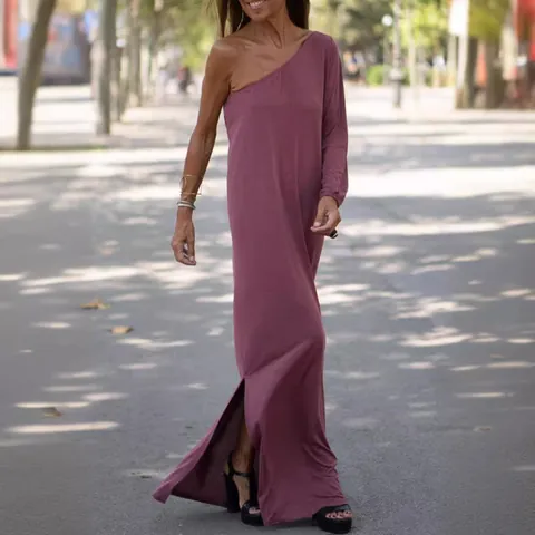 Women One Shoulder Knit Maxi Dress Casual Loose Side Slit Long Dress Asymmetric Sleeve Bohemian Floral Print Party Sundress