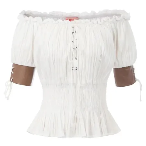 Renaissance Medieval Women's Off Shoulder Smocked Waist Blouse Lantern Sleeve Retro Vintage Peplum Top In White Color