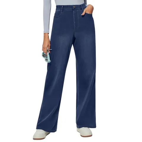 Women High Waisted Straight Leg Jeans Casual Stretch Denim Pants Solid Color Trendy Button Trousers Fashion Daily Wear