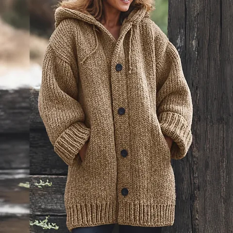 Damen Lässig Einfarbig Grobstrick Strickjacke Mit Kapuze Langarm Knopf Vorne Offen Mittellang Mantel Top