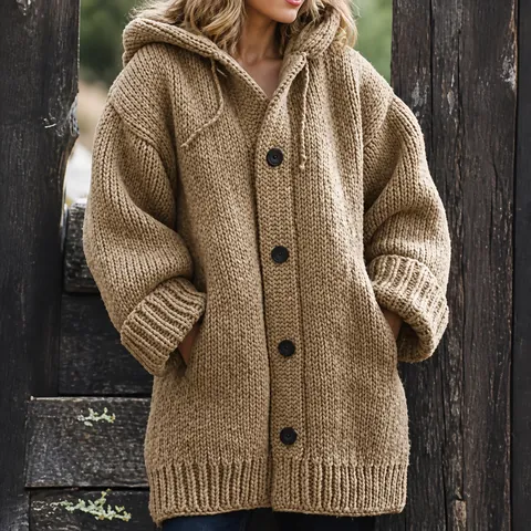 Women Long Sleeve Hooded Sweater Coat Chunky Woven Cotton Loose Fit Cardigan Jacket For Casual Commute Warm Outerwear Top