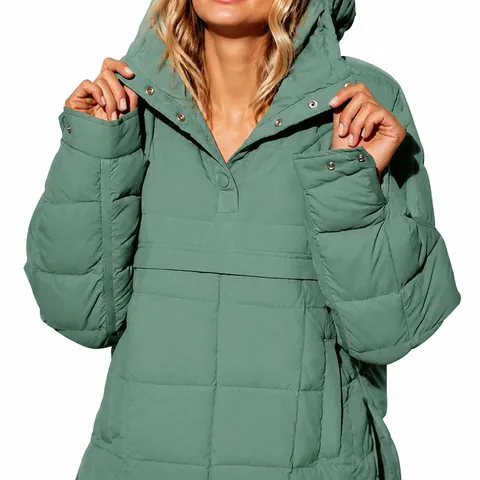 Women Casual Solid Color Quilted Padded Hoodie Pullover Long Sleeve Anorak Jacket Rounded Hem Loose Outwear Top