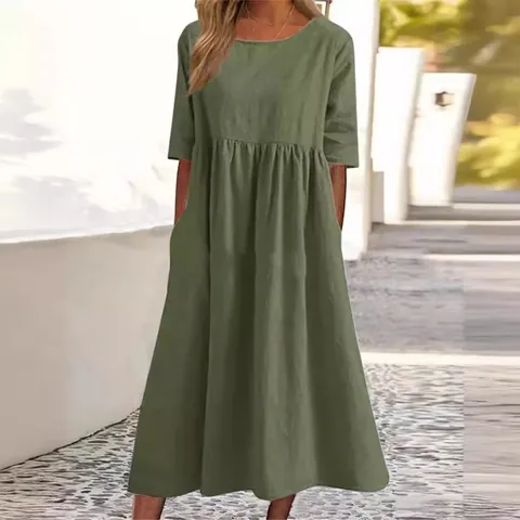 Women's Casual Cotton Linen Midi Dress Round Neck Half Sleeve Loose A-Line Solid Color Summer Spring Dress With Pockets