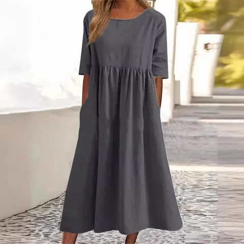 Women's Casual Cotton Linen Midi Dress Round Neck Half Sleeve Loose A-Line Solid Color Summer Spring Dress With Pockets