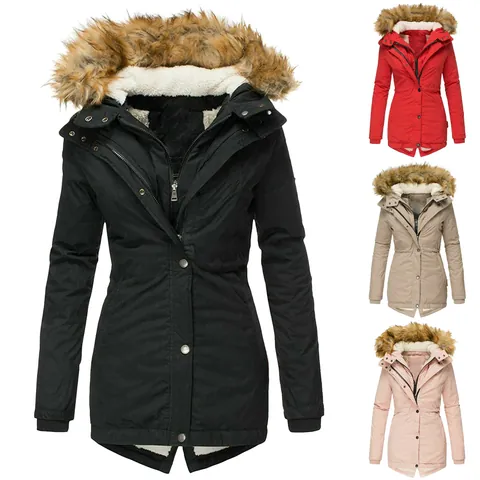 Women Winter Warm Faux Fur Collar Padded Jacket Slim Fit Hooded Parka Long Sleeve Zip Up Padded Coat Solid Color Elegant Outerwear Top