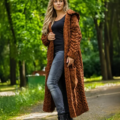 Women Long Cable Knit Cardigan Hooded Sweater Open Front Coat With Pockets Solid Color Casual Loose Knitwear Outerwear Top