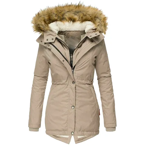 Women Winter Warm Faux Fur Collar Padded Jacket Slim Fit Hooded Parka Long Sleeve Zip Up Padded Coat Solid Color Elegant Outerwear Top