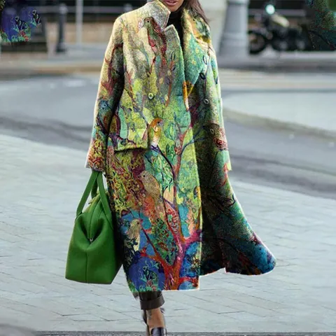 Women's Vintage Bohemian Printed Trench Coat Mid-length Hooded Woolen Look Jacket Floral Print Slim Fit Long Sleeve Outerwear