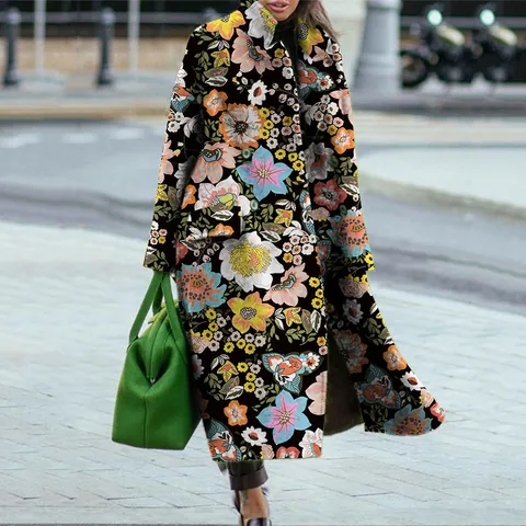 Women's Vintage Bohemian Printed Trench Coat Mid-length Hooded Woolen Look Jacket Floral Print Slim Fit Long Sleeve Outerwear
