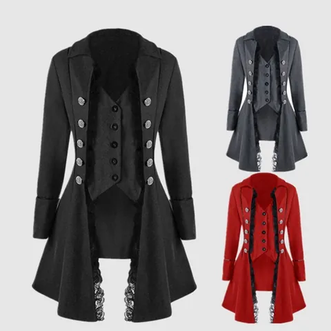 Medieval Gothic Victorian Tailcoat Jacket For Women Irregular Hem Lace Trim Triple Breasted Faux Two Piece Long Sleeve Vintage Top