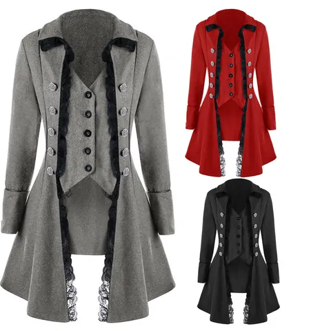 Medieval Gothic Victorian Tailcoat Jacket For Women Irregular Hem Lace Trim Triple Breasted Faux Two Piece Long Sleeve Vintage Top