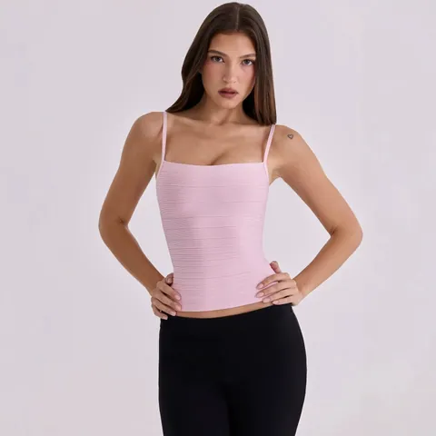Women Square Neck Bandage Camisole Top Ribbed Striped Slim Fit Back Zipper Sexy Party Clubwear Sleeveless Vest Pink Black