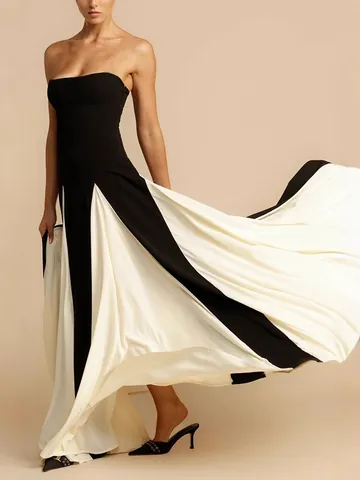 French Strapless Mesh Patchwork Bandage Evening Dress Women High Waist Slim Fit Elegant Black White Party Long Maxi Dress