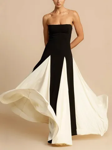 French Strapless Mesh Patchwork Bandage Evening Dress Women High Waist Slim Fit Elegant Black White Party Long Maxi Dress