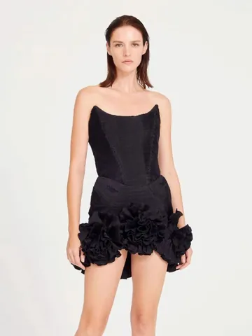 Women Sexy Black Bandage Mini Dress With 3D Flower Detail Strapless Bodycon Evening Party Birthday Club Outfit Elegant Short Dress