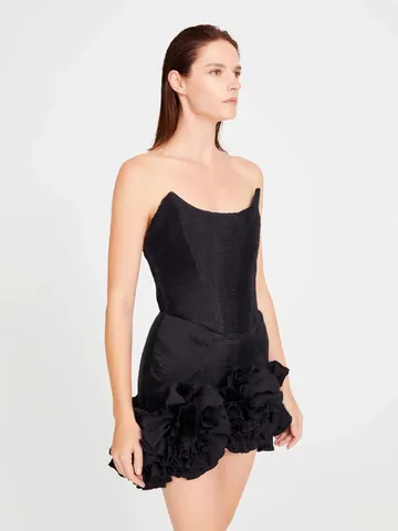 Women Sexy Black Bandage Mini Dress With 3D Flower Detail Strapless Bodycon Evening Party Birthday Club Outfit Elegant Short Dress
