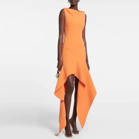 Abito Maxi in Maglia Arancione Irregolare in Stile Francese per Donna Senza Maniche con Orlo Alto Basso Volant per Vacanze e Feste Abito Elegante in Poliestere a Vita Alta